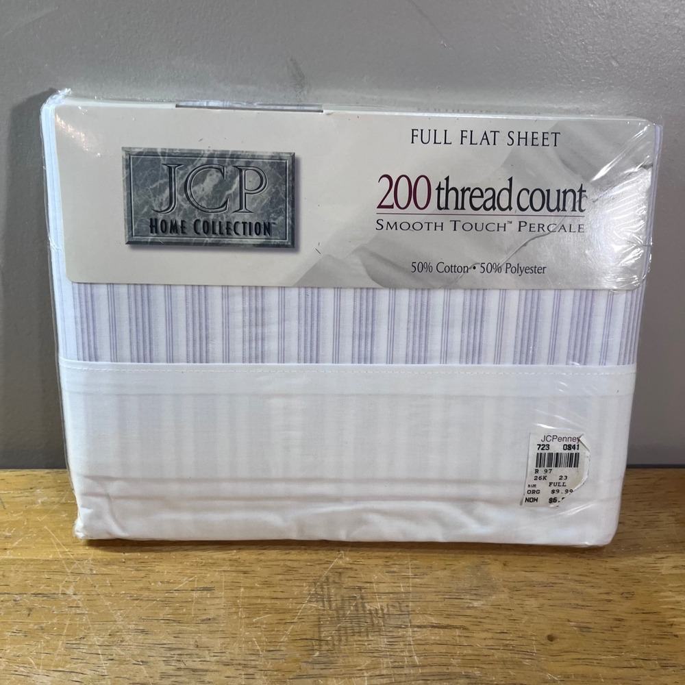 JCP Home Collection Flat Sheet Full Lilac White Vtg Striped 200TC Percale USA